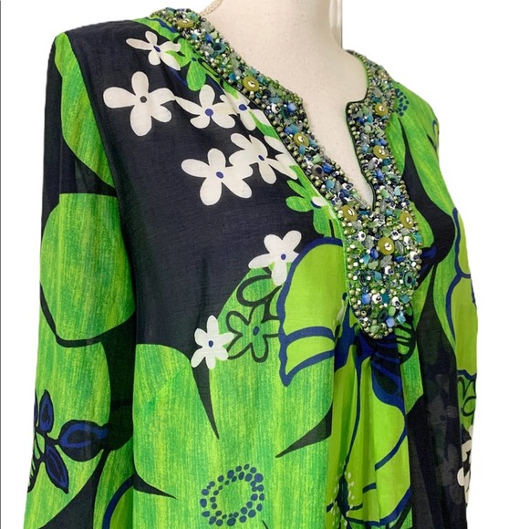 Lafayette 148 Green Mod Floral Print Beaded Tunic - Picture 6 of 15